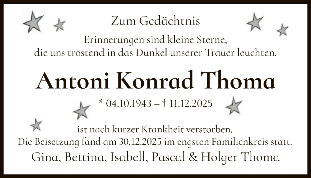  Traueranzeige für Antoni Konrad Thoma vom 10.01.2026 aus HUW