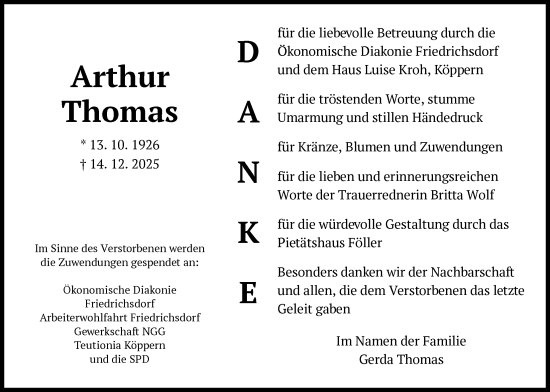 Traueranzeige von Arthur Thomas von FNP