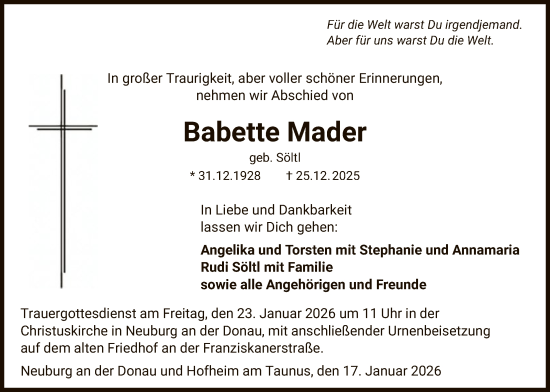Traueranzeige von Babette Mader von FNP