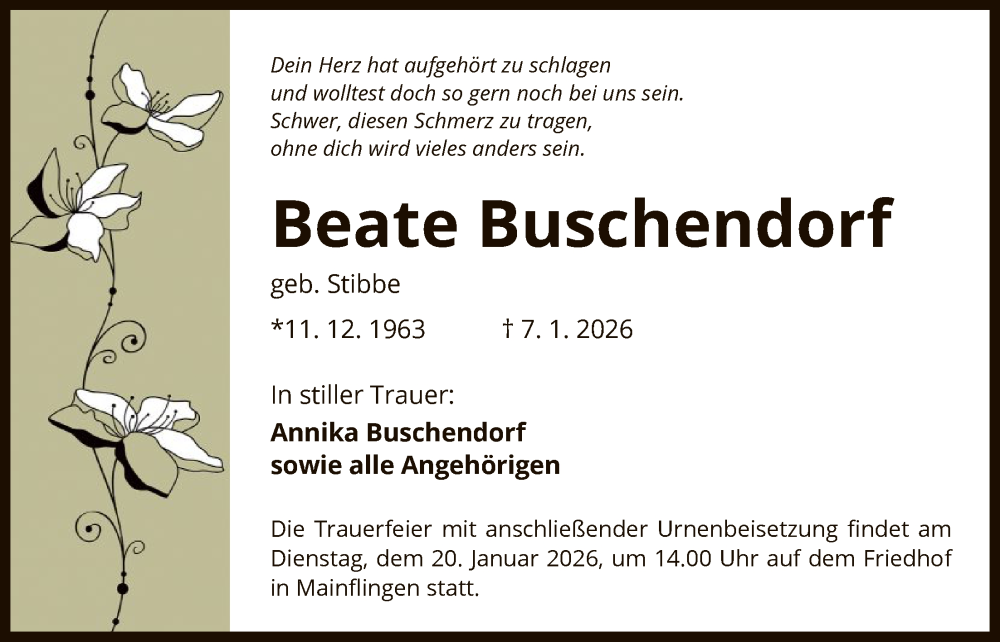  Traueranzeige für Beate Buschendorf vom 17.01.2026 aus OF0L