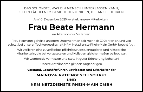 Traueranzeige von Beate Hermann von OFOPOFHA