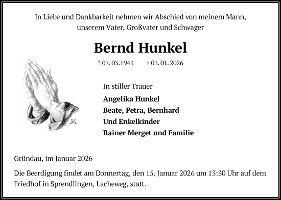 Traueranzeige von Bernd Hunkel von OFOP