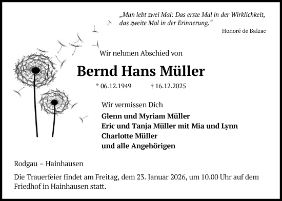 Traueranzeige von Bernd Hans Müller von OFOP