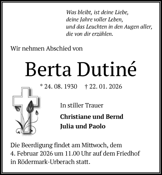 Traueranzeige von Berta Dutiné von OF0L