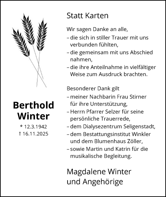 Traueranzeige von Berthold Winter von OF0L