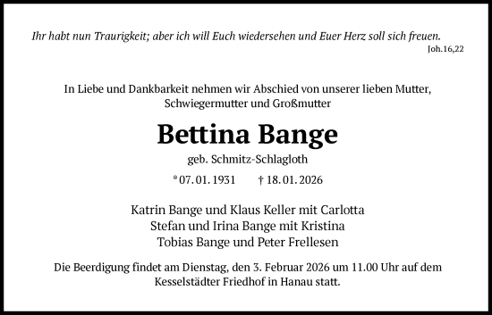 Traueranzeige von Bettina Bange von OFHA