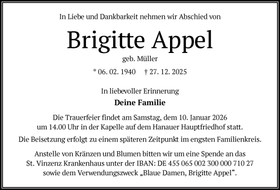 Traueranzeige von Brigitte Appel von OFHA