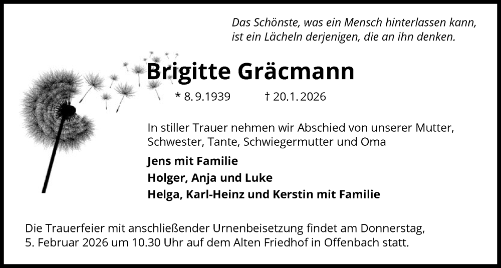  Traueranzeige für Brigitte Gräcmann vom 31.01.2026 aus OFOP