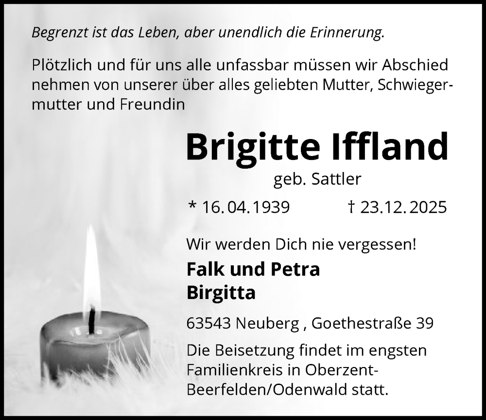  Traueranzeige für Brigitte Iffland vom 10.01.2026 aus OFHA