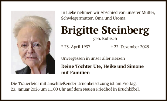 Traueranzeige von Brigitte Steinberg von OFHA