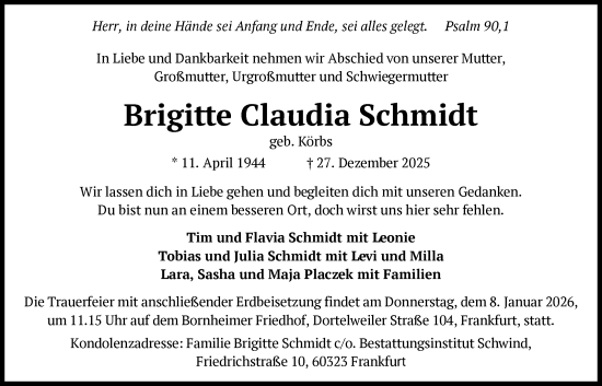 Traueranzeige von Brigitte Claudia Schmidt von OFOP