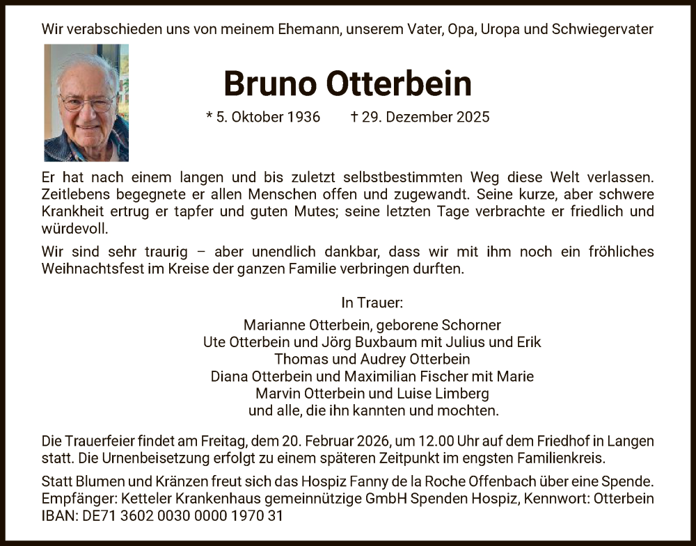  Traueranzeige für Bruno Otterbein vom 24.01.2026 aus OFOP