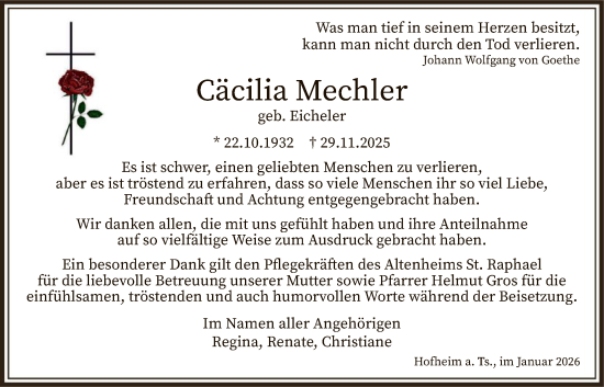 Traueranzeige von Cäcilia Mechler von FNP