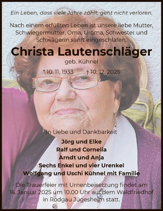 Traueranzeige von Christa Lautenschläger von OF0L