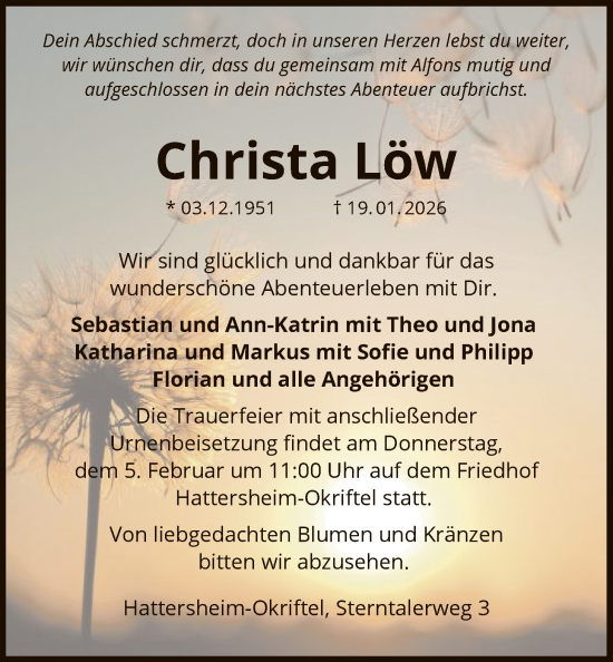 Traueranzeige von Christa Löw von FNP