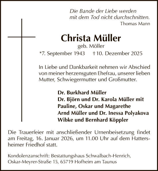 Traueranzeige von Christa Müller von FNP
