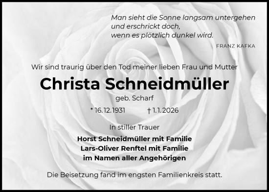 Traueranzeige von Christa Schneidmüller von OFHA