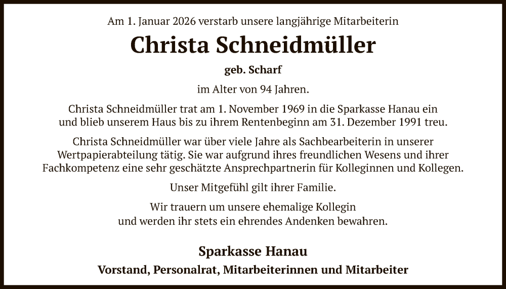  Traueranzeige für Christa Schneidmüller vom 21.01.2026 aus OFHA