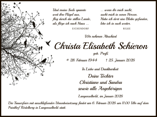 Traueranzeige von Christa Elisabeth Schieron von OFHA