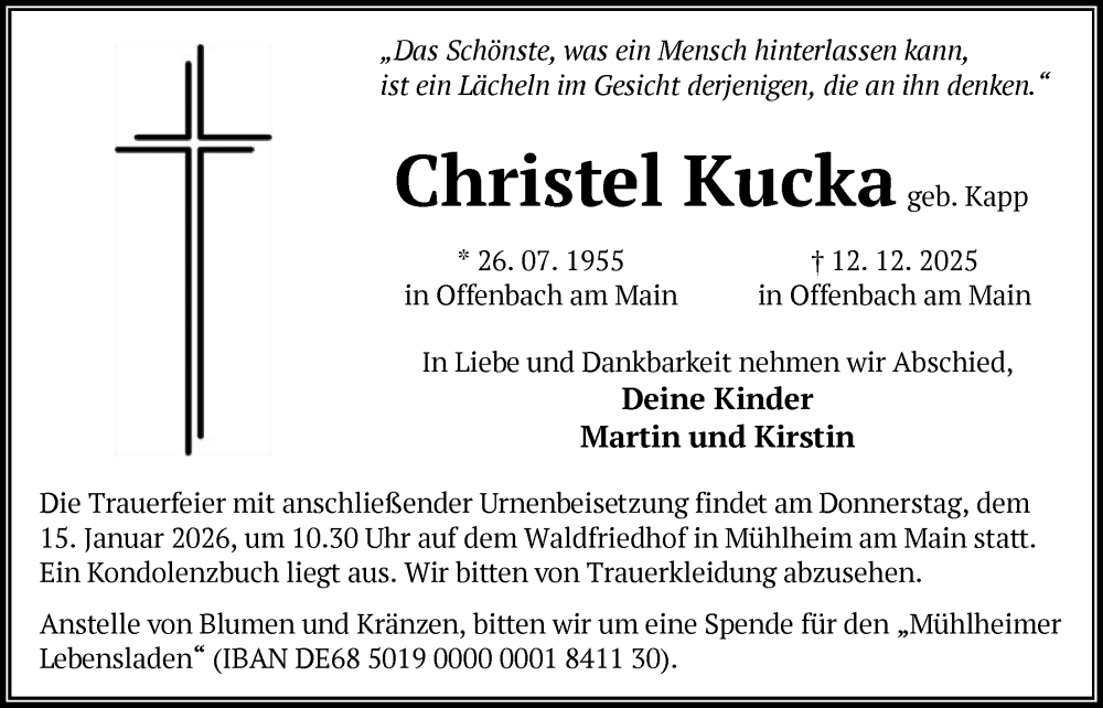  Traueranzeige für Christel Kucka vom 03.01.2026 aus OFOP