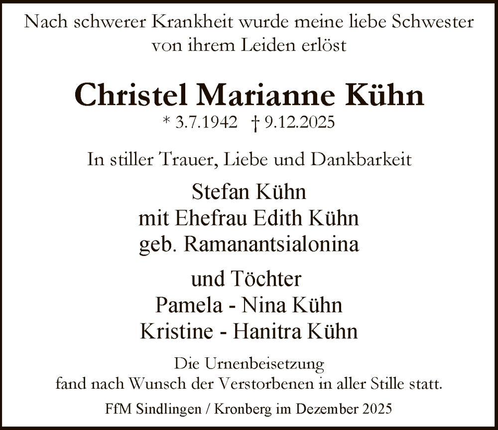 Traueranzeige für Christel Marianne Kühn vom 10.01.2026 aus FNP