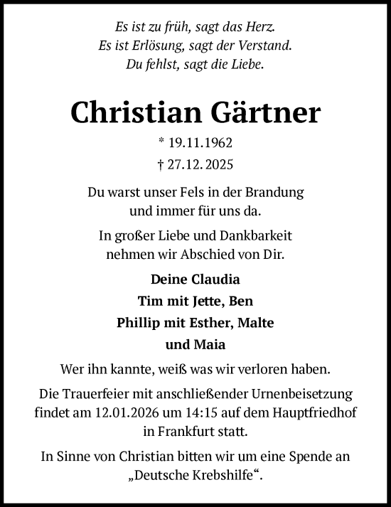 Traueranzeige von Christian Gärtner von FNP