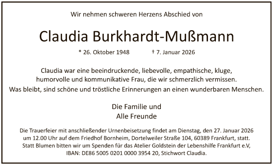 Traueranzeige von Claudia Burkhardt-Mußmann von FNP