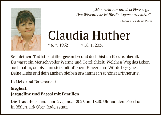 Traueranzeige von Claudia Huther von OFOP