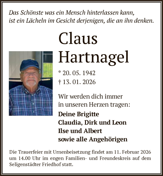 Traueranzeige von Claus Hartnagel von OF0L