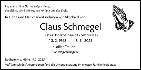 Traueranzeige von Claus Schmegel von FNP