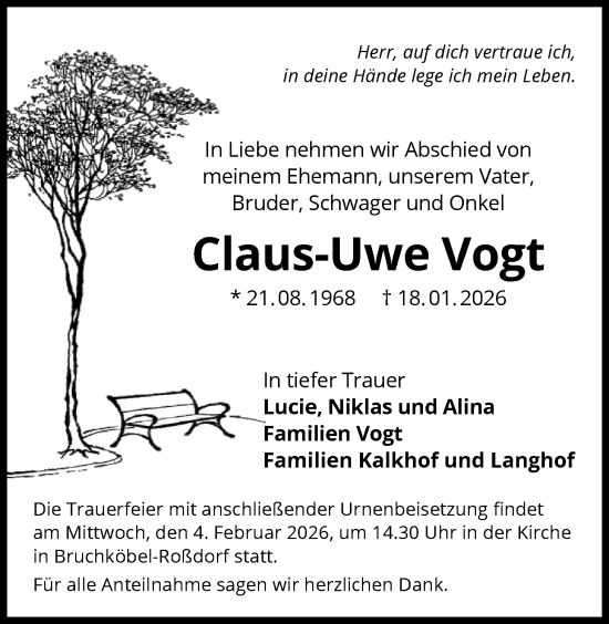 Traueranzeige von Claus-Uwe Vogt von OFHA