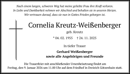 Traueranzeige von Cornelia Kreutz-Weißenberger von OFOP