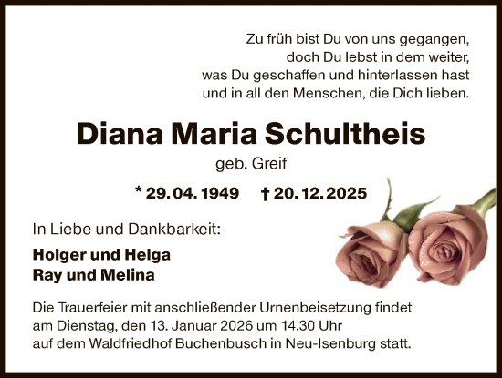 Traueranzeige von Diana Maria Schultheis von OFOP