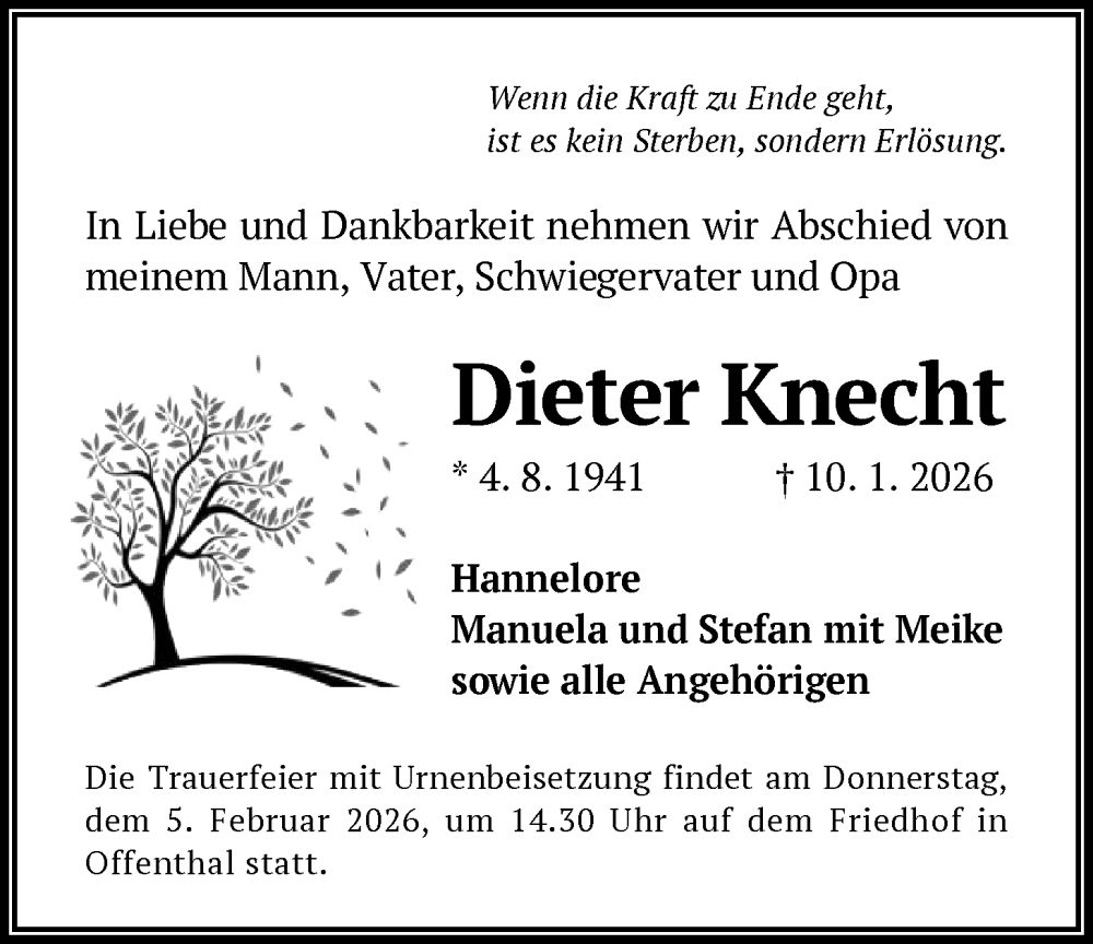 Traueranzeige für Dieter Knecht vom 31.01.2026 aus OFOP