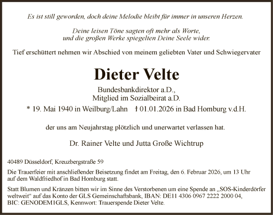 Traueranzeige von Dieter Velte von FNP