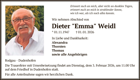 Traueranzeige von Dieter Weidl von OF0L