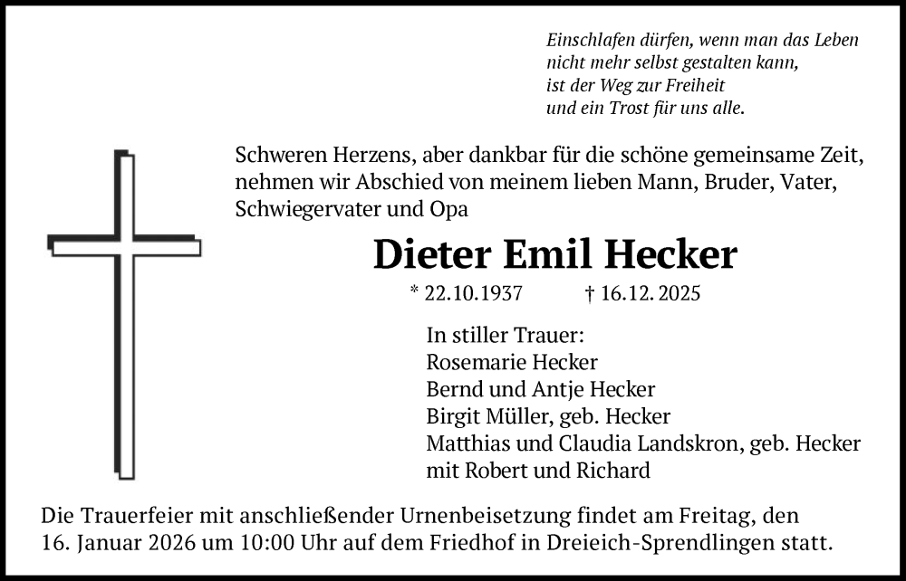  Traueranzeige für Dieter Emil Hecker vom 10.01.2026 aus OFOP