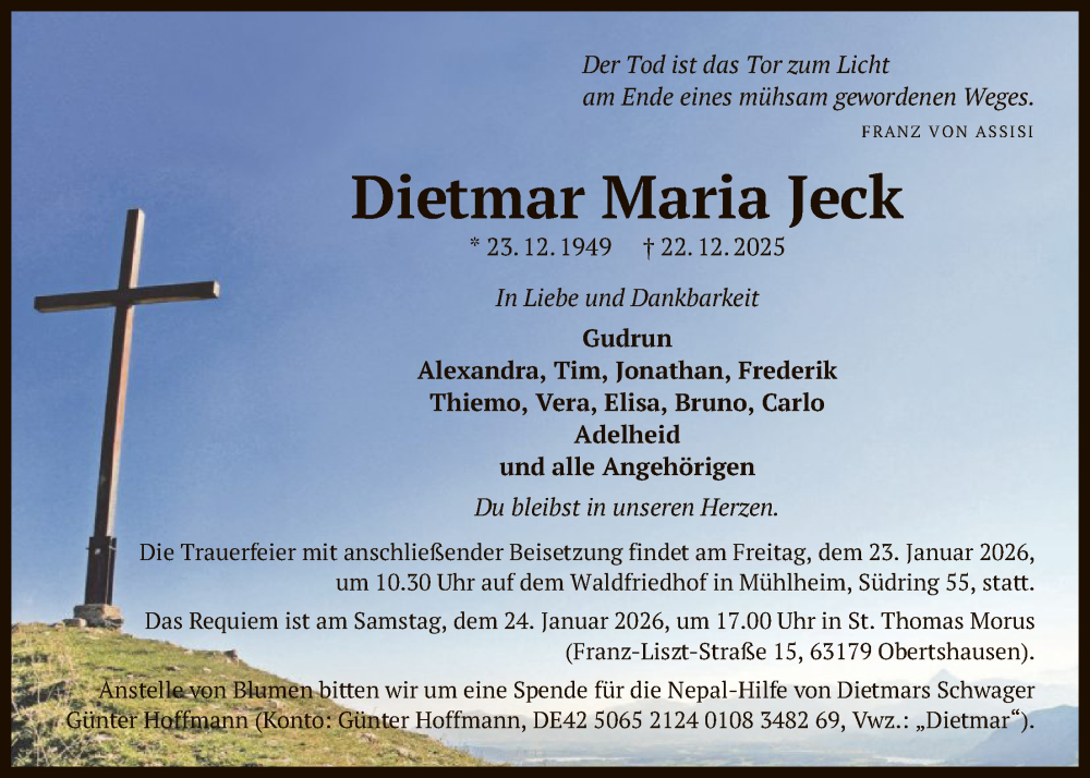 Traueranzeige für Dietmar Maria Jeck vom 10.01.2026 aus OFOP