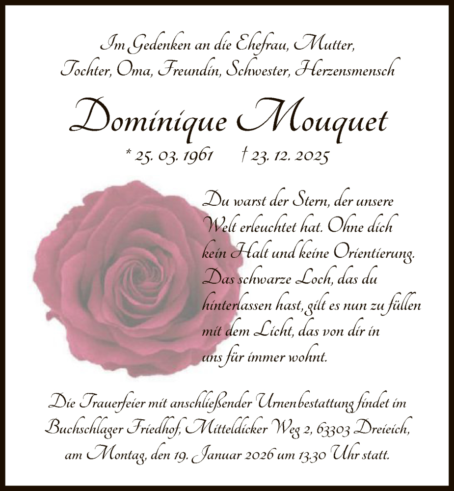  Traueranzeige für Dominique Mouquet vom 10.01.2026 aus OF0W