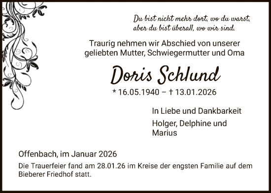 Traueranzeige von Doris Schlund von OFOP