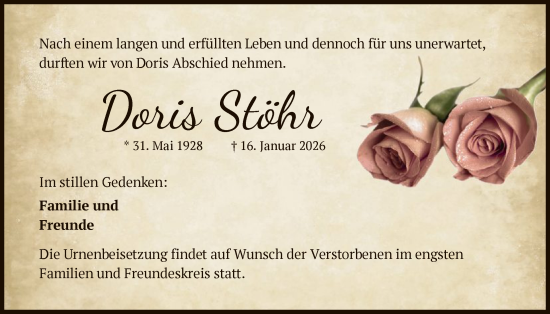Traueranzeige von Doris Stöhr von BOWO