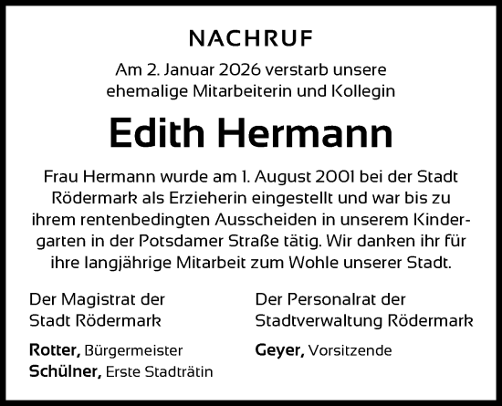 Traueranzeige von Edith Hermann von OF0L