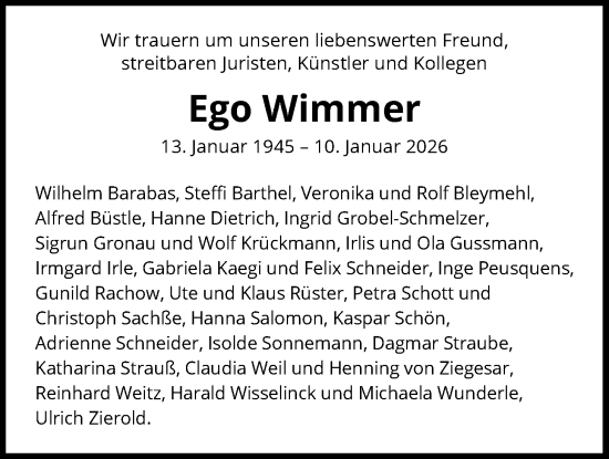 Traueranzeige von Ego Wimmer von FNP