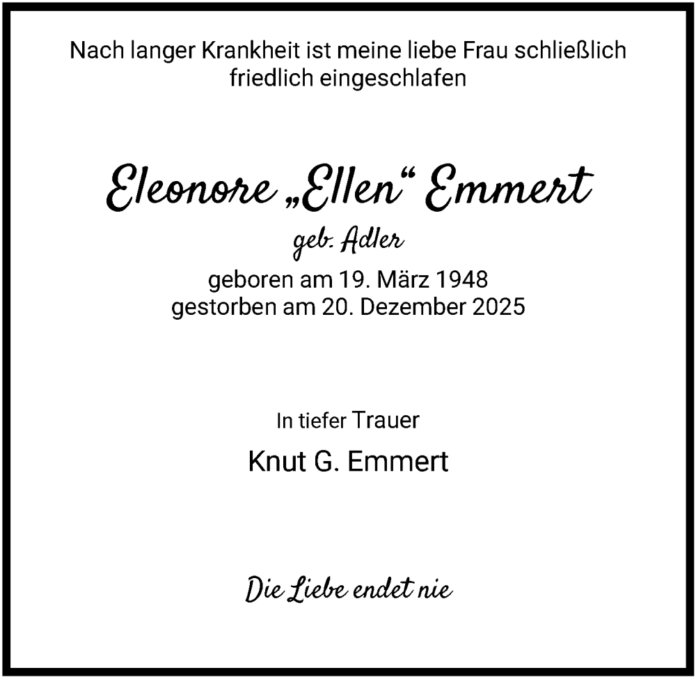  Traueranzeige für Eleonore Emmert vom 03.01.2026 aus OFOP