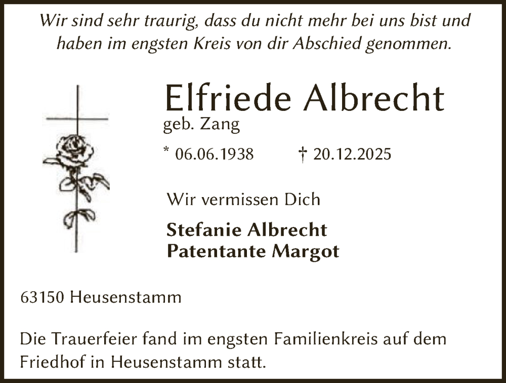  Traueranzeige für Elfriede Albrecht vom 10.01.2026 aus OFOP