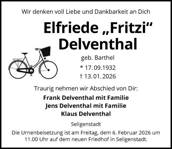 Traueranzeige von Elfriede Delventhal von OF0L