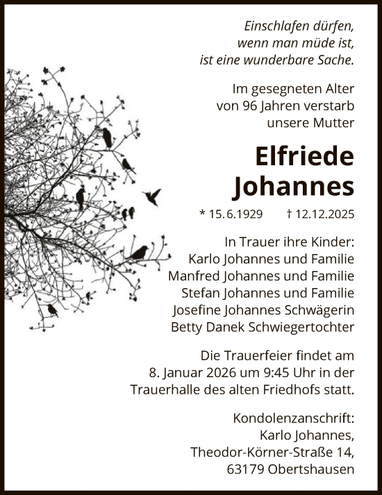 Traueranzeige von Elfriede Johannes von OFOP