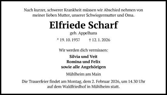 Traueranzeige von Elfriede Scharf von OFOP