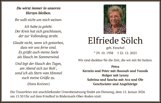 Traueranzeige von Elfriede Sölch von OF0L
