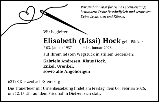 Traueranzeige von Elisabeth Hock von OF0L